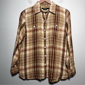 Lauren Ralph Lauren‎ Men 100% Linen Button Down Shirt Small Brown Plaid Preppy